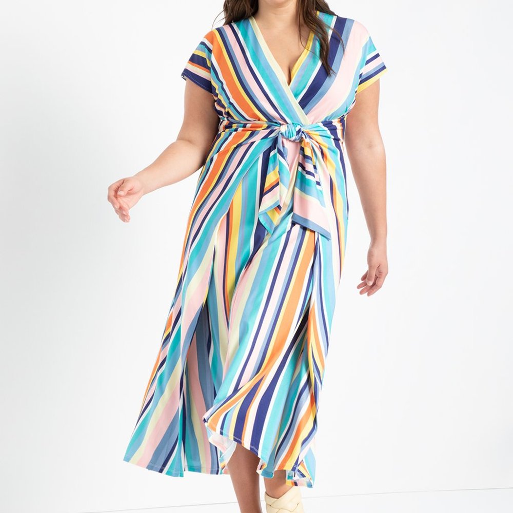 ELOQUII Striped Faux-Wrap Tie Dress 16 Plus